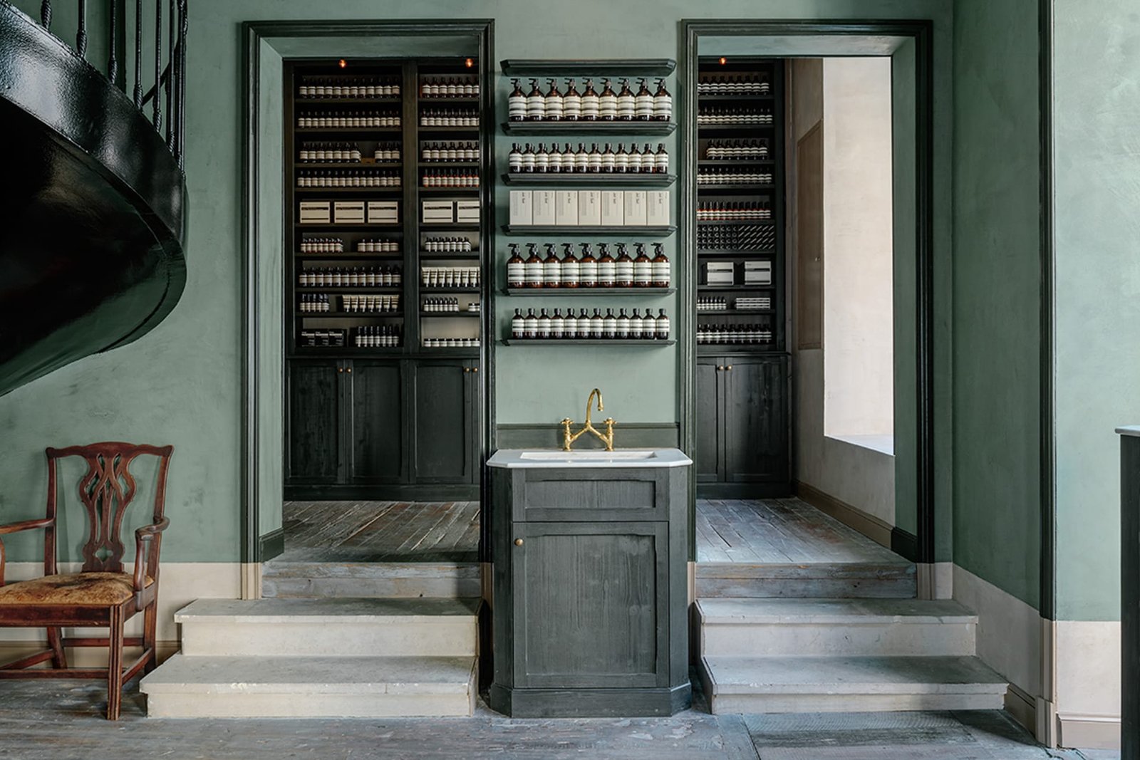 Tonal clay plaster in a custom green at the Aesop store, Bordeaux, France.