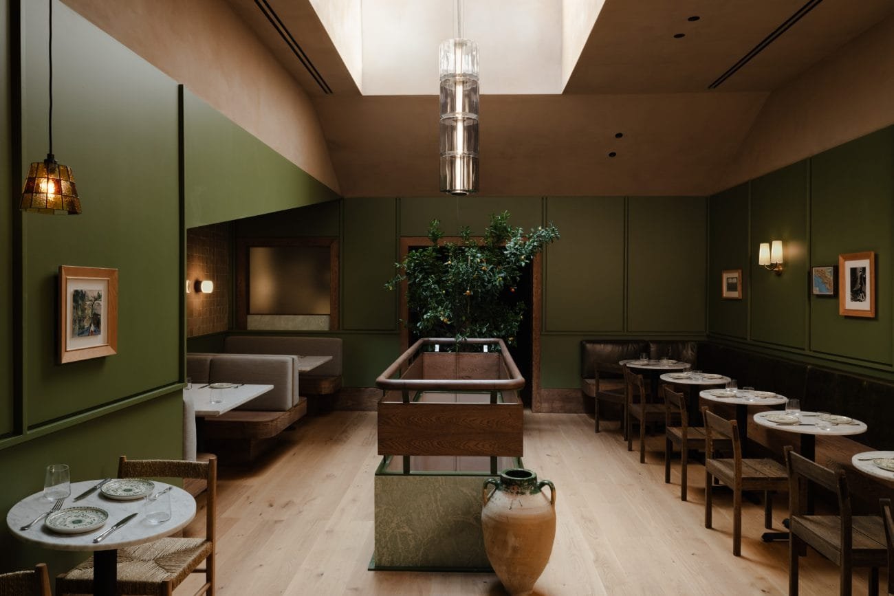 Smooth brown clay plaster at Massara restaurant, New York