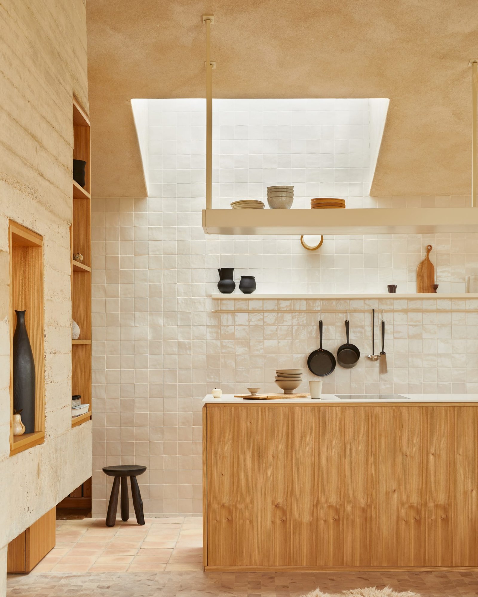 Clay-plastered ceiling above the kitchen at The Makers Barn