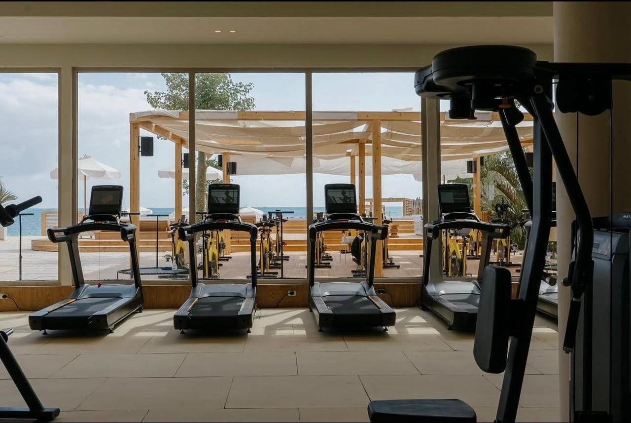 Microcement floor in the sea-view gym at LA7 Wellness Beach Club, North Coast, Egypt