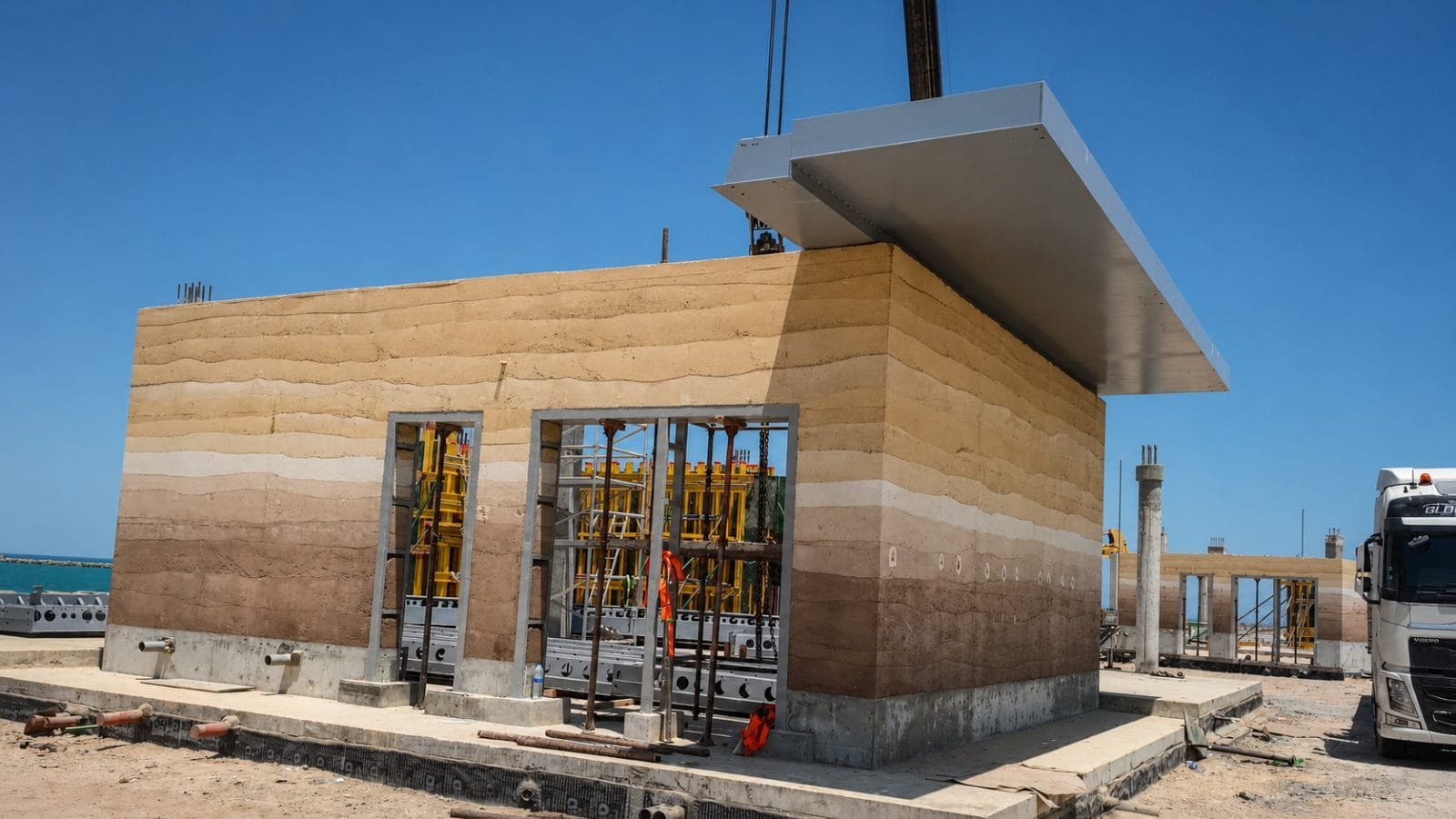 In-situ rammed earth work at Kalba Beach, Sharjah, during the pavilion roof lift