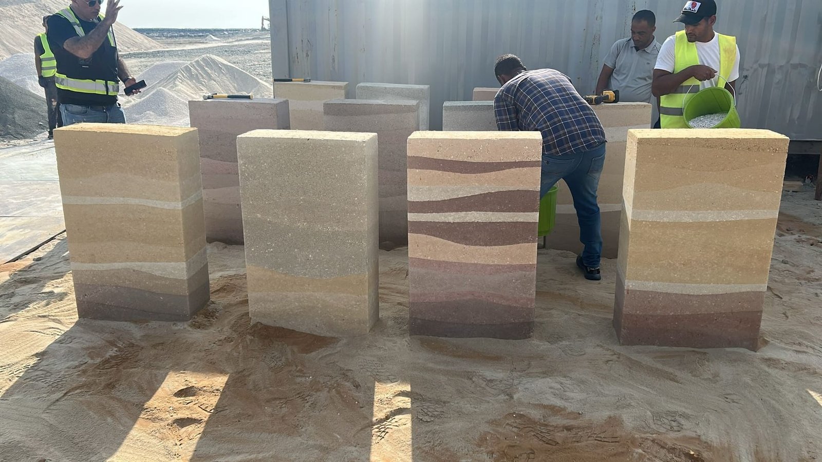 Rammed earth mix-trial blocks in different colours and strata combinations standing on site, crews batching behind
