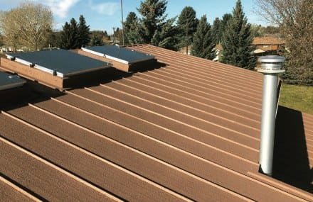 Brown projected cork over a standing seam metal roof with a flue and rooflights