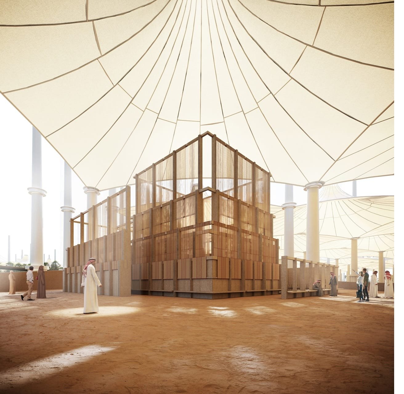 Timber-lattice pavilion on stabilised-soil ground at the Islamic Arts Biennale, Jeddah
