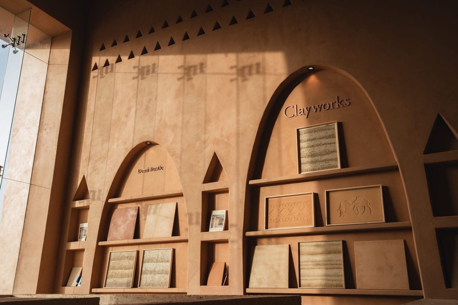 The Clayworks and Demi Rustic sample arches at the Conmarble showroom, Riyadh, in raking afternoon light.