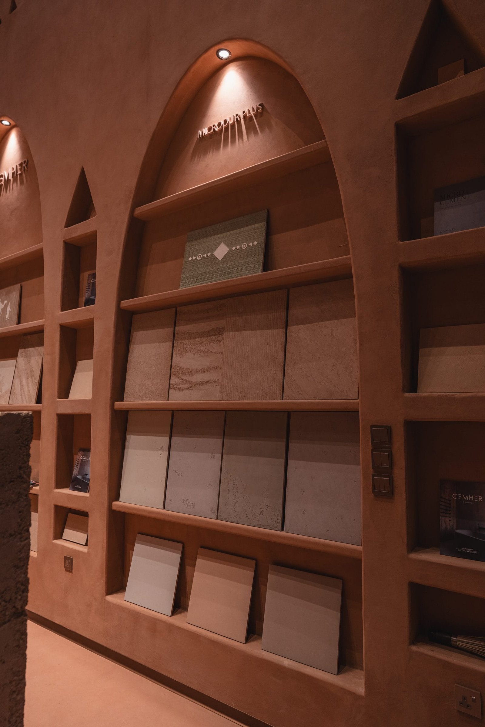 Microdur Plus and Cemher sample arches seen from below, Conmarble showroom, Riyadh
